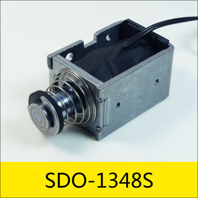 SDO-1348S系列电磁铁，型号：SDO-1348S-24A12，应用：自行车租赁系统锁，大小：48.3*34*28mm，电压：DC24V，电流：2A，电阻：12Ω，功率：48W