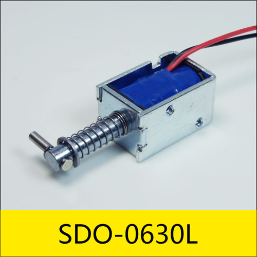 SDO-0630L系列電磁鐵，型號：SDO-0630L-12B12.5，應用：收銀箱智能鎖，大?。?0*19*16mm，電壓：12V，電流：0.96A，電阻：12.5Ω，功率：11.5W