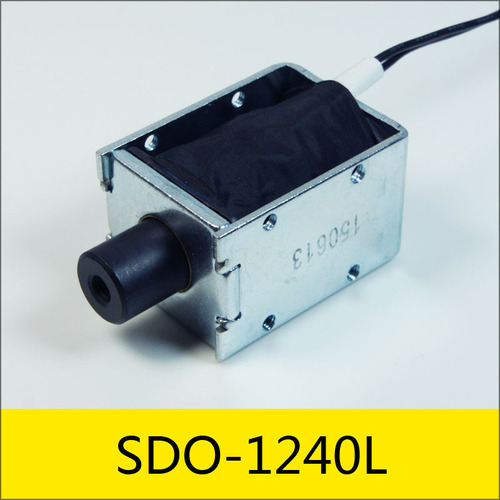 SDO-1240L系列电磁铁，型号：SDO-1240L-12G07，应用：储物柜锁，大小：40*29*24mm，电压：DC12V，电流：1.72A，电阻：7Ω，功率：20.6W