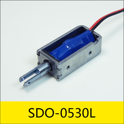 SDO-0530L系列电磁铁，型号：SDO-0530L-12A21，应用：收费站取卡器，大小：30 *15*10mm，电压：DC12V，电流：0.57A，电阻：21Ω，功率：6.86W