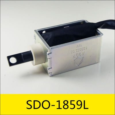 SDO-1859L系列电磁铁，型号：SDO-1859L-12A0.45，应用：汽车电动尾门锁，大小：59*38*31.5mm，电压：DC12V，电流：26.67A，电阻：0.45Ω，功率：320W