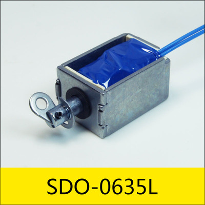 SDO-0635L系列电磁铁，型号：SDO-0635L-18A36，应用：电压力锅，大小：33.5*22*18mm，电压：18V，电流：0.078A，电阻：36Ω，功率：1.4W