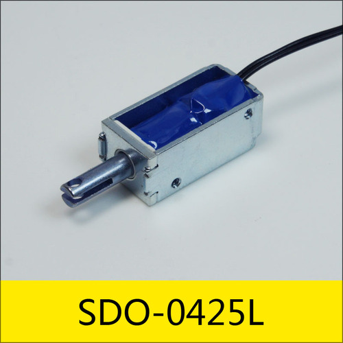 SDO-0425L系列電磁鐵，應(yīng)用：讀卡器過(guò)閘機(jī)，型號(hào)：SDO-0425L-24A40，大小：25*12*10mm，電壓：DC24V，電流：0.6A，電阻：40Ω，功率：14.4W