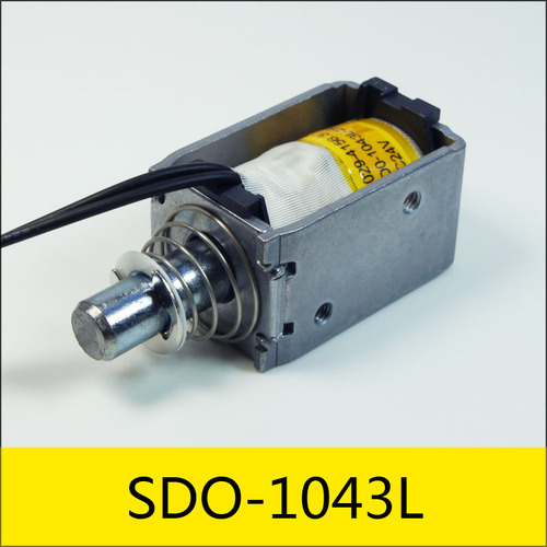 SDO-1043L系列電磁鐵，型號：SDO-1043L-24A66，應(yīng)用：漏電保護電箱，大?。?3*28*24mm，電壓：DC24V，電流：0.36A，電阻：66Ω，功率：8.7W