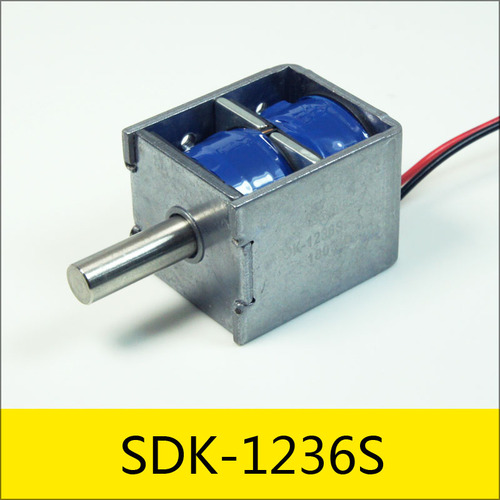 雙保持電磁鐵SDK-1236S系列，型號(hào)：SDK-1236S-12E06，應(yīng)用：汽車P擋鎖，大小：36*30*27mm，電壓：DC12V，電流：2A，電阻：6Ω，功率：24W