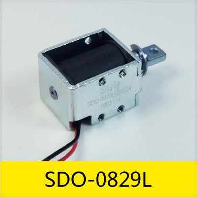 SDO-0829Lシリーズソレノイド，型番：SDO-0829L-24E24，使用：カードリーダー ，サイズ：28.8*23*20mm ，電圧：DC24V ，電流：1A ，抵抗：24Ω ，パワー：24W