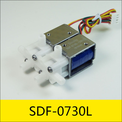 SDF-0730L系列电磁阀，型号：SDF-0730L-12B53，应用：美腿按摩器，大小：57*57*23mm，电压：DC12V，电流：0.23 A，电阻：53Ω，功率：2.7W（*2）