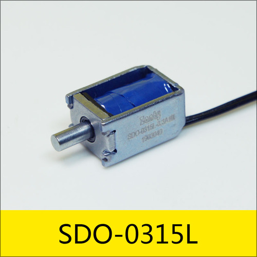 SDO-0315L系列電磁鐵，型號：SDO-0315L-3.3A10，應(yīng)用：智能門鎖指紋鎖，大?。?5*10*7.5mm，電壓：DC3.3V，電流：0.41A，電阻：10Ω，功率：1.37W