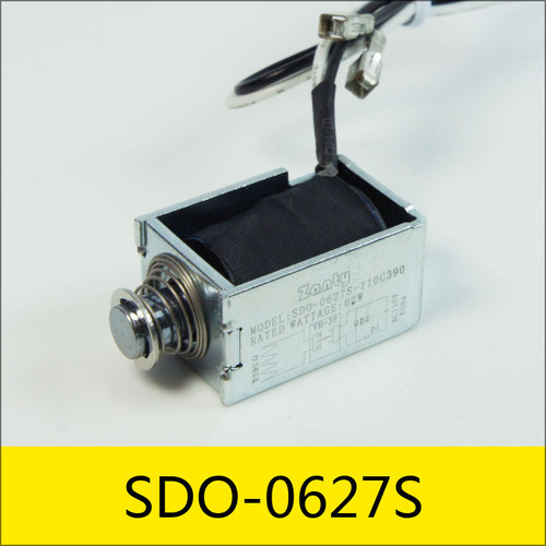 SDO-0627S系列電磁鐵，型號：SDO-0627S-110C390，應(yīng)用：面包機調(diào)料投放開關(guān)，大?。?6.8*18*14mm，電壓：AC110V，電流：0.4A，電阻：390Ω，功率：80W