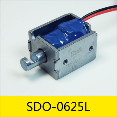 SDO-0625L系列电磁铁，型号：SDO-0625L-08A12，应用：弹子游戏机，大小：25*20*16mm，电压：DC8V，电流：0.66A，电阻：12Ω，功率：5.3W