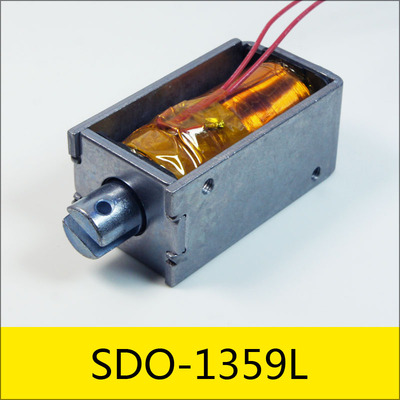 SDO-1359L系列电磁铁，型号：SDO-1359L-12A14.4，应用：食物成分检测分析仪，大小：59*32*26mm，电压：DC12V，电流：0.83A，电阻：14.4Ω，功率：10W