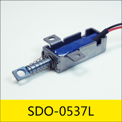 SDO-0537L系列电磁铁，型号：SDO-0537L-12A5.7，应用：储物柜锁，大小：37 *14*10mm，电压：DC12V，电流：2.1A，电阻：5.7Ω，功率：25.3W