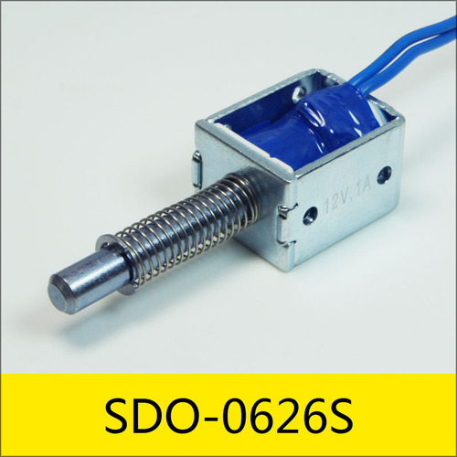 SDO-0626S系列電磁鐵，型號：SDO-0626S-12A12，應用：繡花機，大小：25.5*20*16mm，電壓：DC12V，電流：1A，電阻：12Ω，功率：12W
