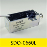 SDO-0660L系列電磁鐵，型號：SDO-0660L-198A3000，應用：電壓力鍋，大小：59*25.4*22mm，電壓：198V，電流：0.066A，電阻：3000Ω，功率：13W