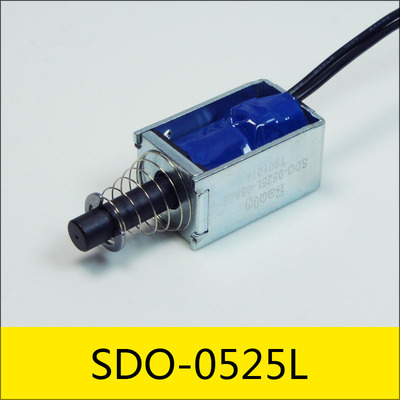 SDO-0525L系列电磁铁，型号：SDO-0525L-05A06，应用：机器人，大小：25.5*15*13mm，电压：DC5V，电流：0.83A，电阻：6Ω，功率：4.16W