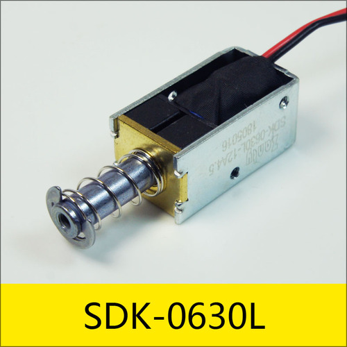 單保持電磁鐵SDK-0630L系列，型號(hào)：SDK-0630L-12A4.5，應(yīng)用：充電設(shè)備，大?。?0.7*16*14mm，電壓：DC12V，電流：2.67A，電阻：4.5Ω，功率：32W