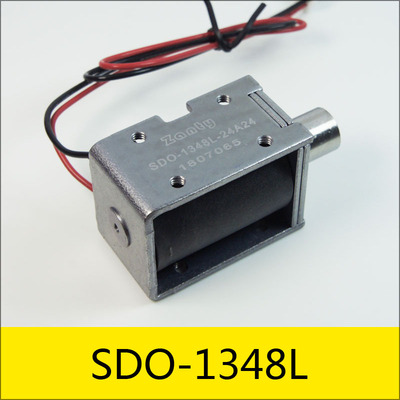 SDO-1348L系列电磁铁，型号：SDO-1348L-24A24，应用：过闸机，大小：48.3*34*28mm，电压：24V，电流：1A，电阻：24Ω，功率：24W