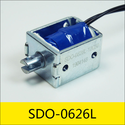 SDO-0626L系列电磁铁，型号：SDO-0626L-12C50，应用：医疗设备，大小：25.5*20*16mm，电压：DC12V，电流：0.24A，电阻：50Ω，功率：2.88W