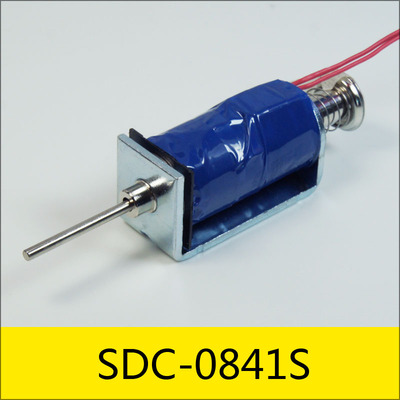 zanty SDC-0841S系列电磁铁，型号：SDC-0841S-34A08，应用：自动贩卖机，大小：41.15*19*21.5mm，电压：DC34V，电流：4.23A，电阻：8Ω，功率：144W