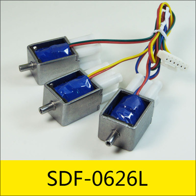 SDF-0626L系列电磁阀，型号：SDF-0626L-12A63B，应用：食物真空包装机，大小：41.2*20*16mm，电压：DC12V，电流：0.19 A，电阻：63Ω，功率：2.28W