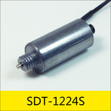 SDT-1224S系列圆管电磁铁，型号：SDT-1224S-24A10.5，应用：售票机推送硬币系统，φ12*24mm，电压：DC24V，电流：2.29A，电阻：10.5Ω，功率：55W