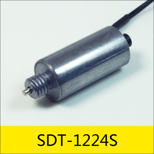 SDT-1224S系列圓管電磁鐵，型號(hào)：SDT-1224S-24A10.5，應(yīng)用：售票機(jī)推送硬幣系統(tǒng)，φ12*24mm，電壓：DC24V，電流：2.29A，電阻：10.5Ω，功率：55W