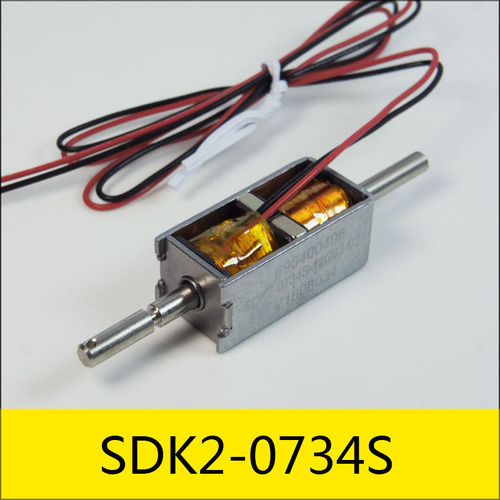 SDK2-0734S系列電磁鎖1，應(yīng)用：充電槍/交流插座脈沖電磁鎖，大小：33.9*16*14mm，電壓：DC12V，電流：2A，電阻：6Ω，功率：24W